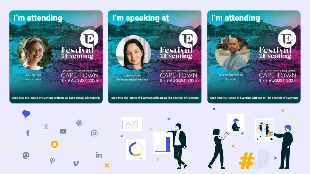 Social media visuals of speakers and attendees for the Festival of Eventing 2025 in Cape Town, featuring headshots, event details, and illustrated figures engaging with digital content and social media icons.