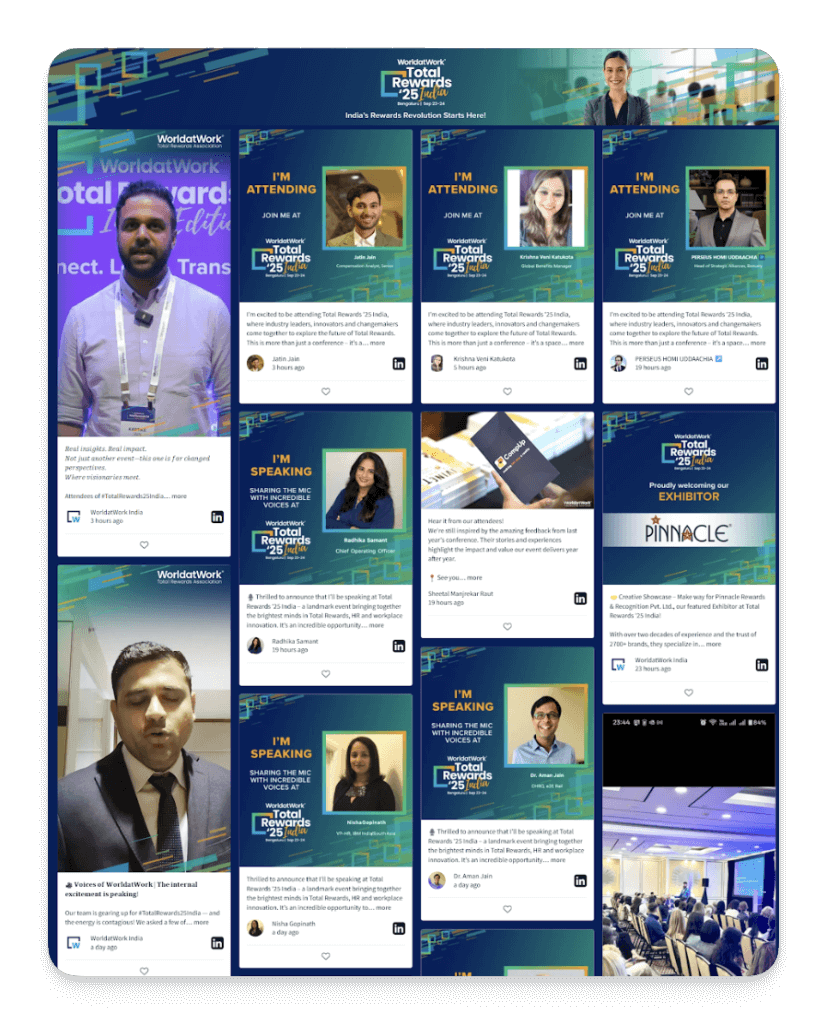 A social wall grid displaying multiple “I’m attending” and “I’m speaking” posts for WorldatWork Total Rewards India, featuring attendee photos and branded event cards.