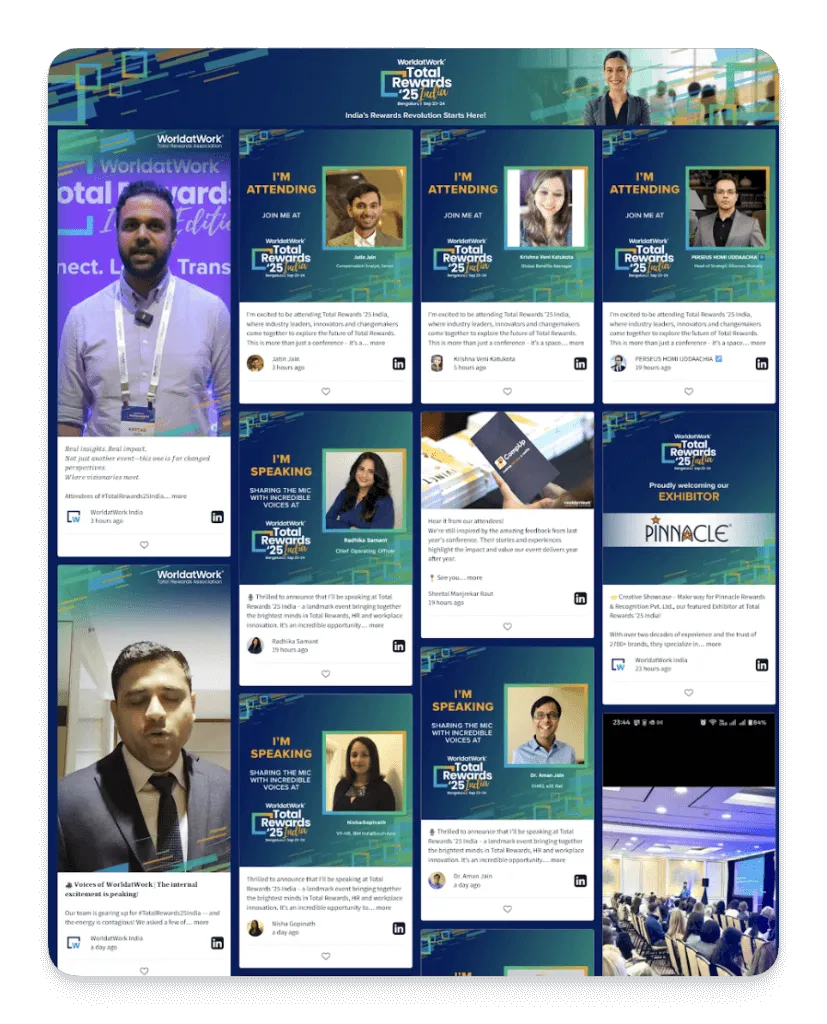A social wall grid displaying multiple “I’m attending” and “I’m speaking” posts for WorldatWork Total Rewards India, featuring attendee photos and branded event cards.