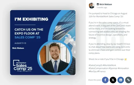 A LinkedIn-style event promo featuring a speaker announcement for WorldatWork Sales Comp ’25 with the speaker’s portrait and event details.