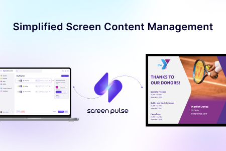 Illustration of Screen Pulse’s simplified screen content management workflow, showing content created on a laptop and displayed on a digital signage screen for donor recognition.