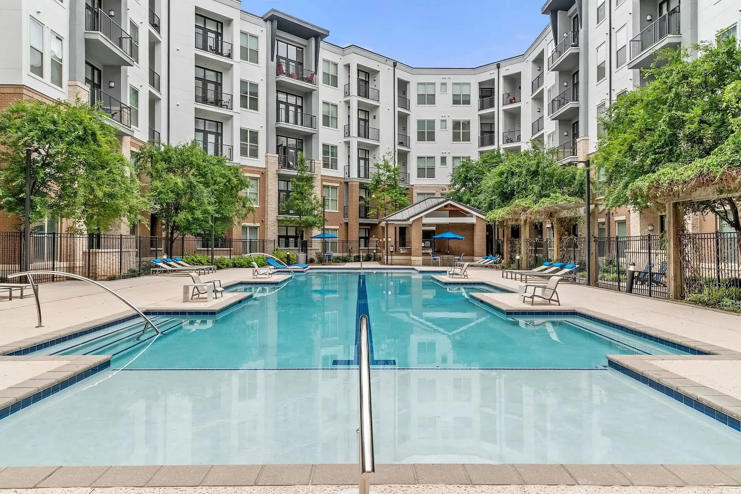 apartment complex pool and building