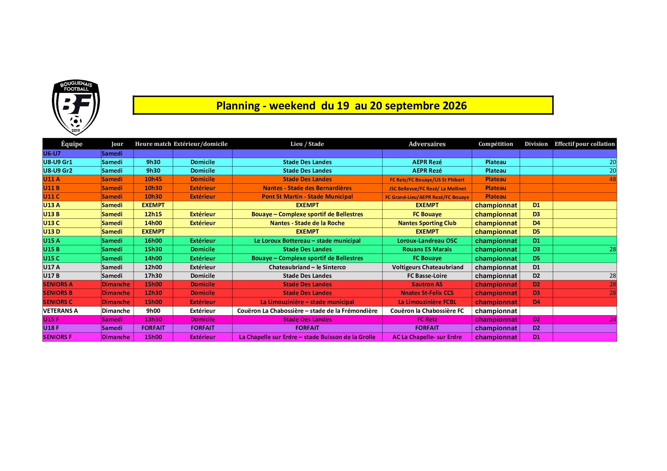 PLANNING WEEK END DU 19/20 Septembre 2026 