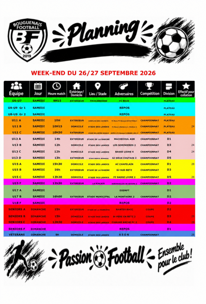 PLANNING WEEK END DU 26 /27 Septembre 2026 