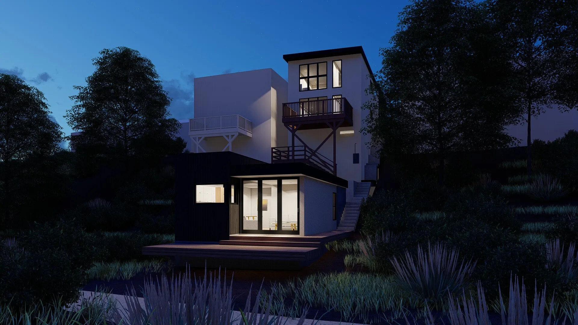 Modern multi-level house with illuminated large windows and outdoor deck at dusk surrounded by trees and grass.