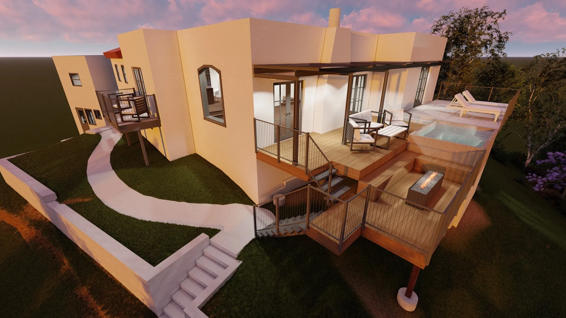 Modern beige house with a wooden deck featuring chairs, a fire pit, a small pool, and lounge chairs under a pink sunset sky.