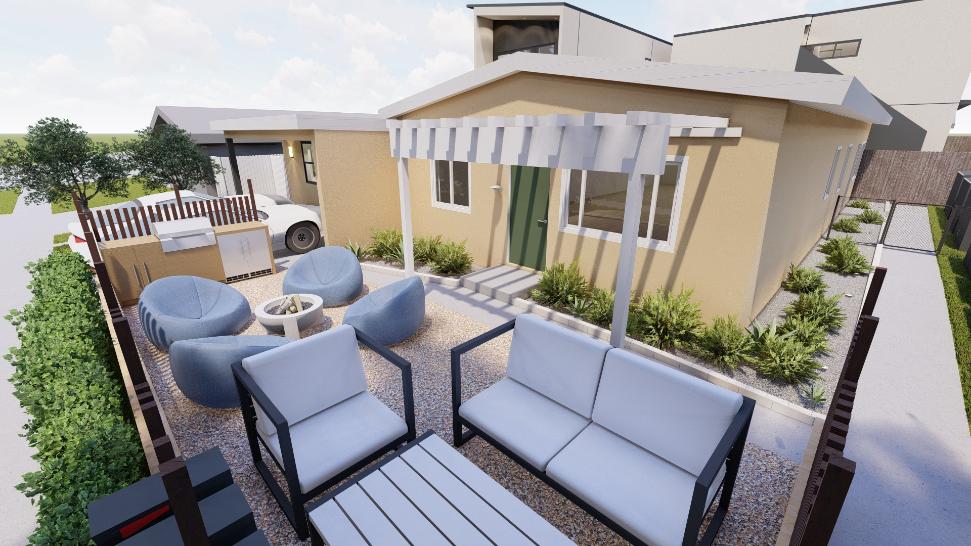 Modern outdoor patio with cushioned seating, fire pit, green door on beige house, and a driveway with a white car.