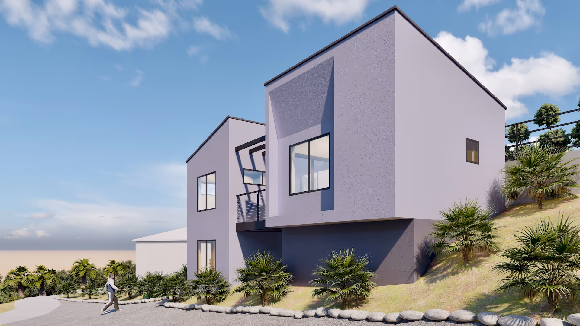 Modern two-story house with purple and gray exterior on a landscaped hill under a blue sky.