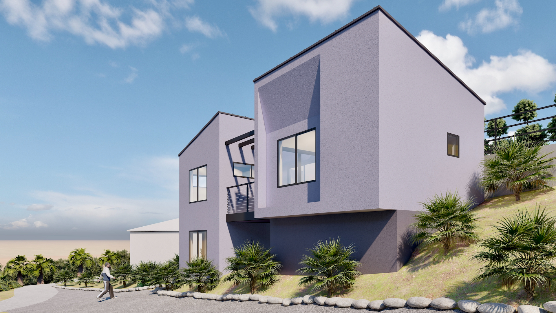 Modern two-story house with purple and gray exterior on a landscaped hill under a blue sky.