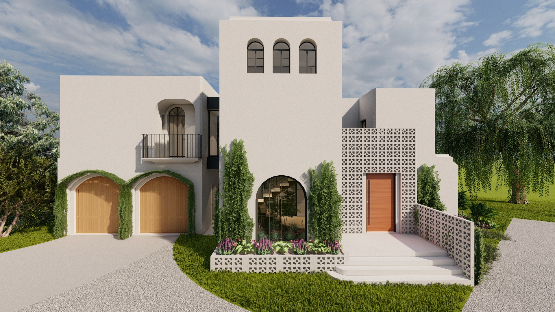 Modern white stucco house with arched wooden garage doors, central arched window, and wooden front door, surrounded by greenery.