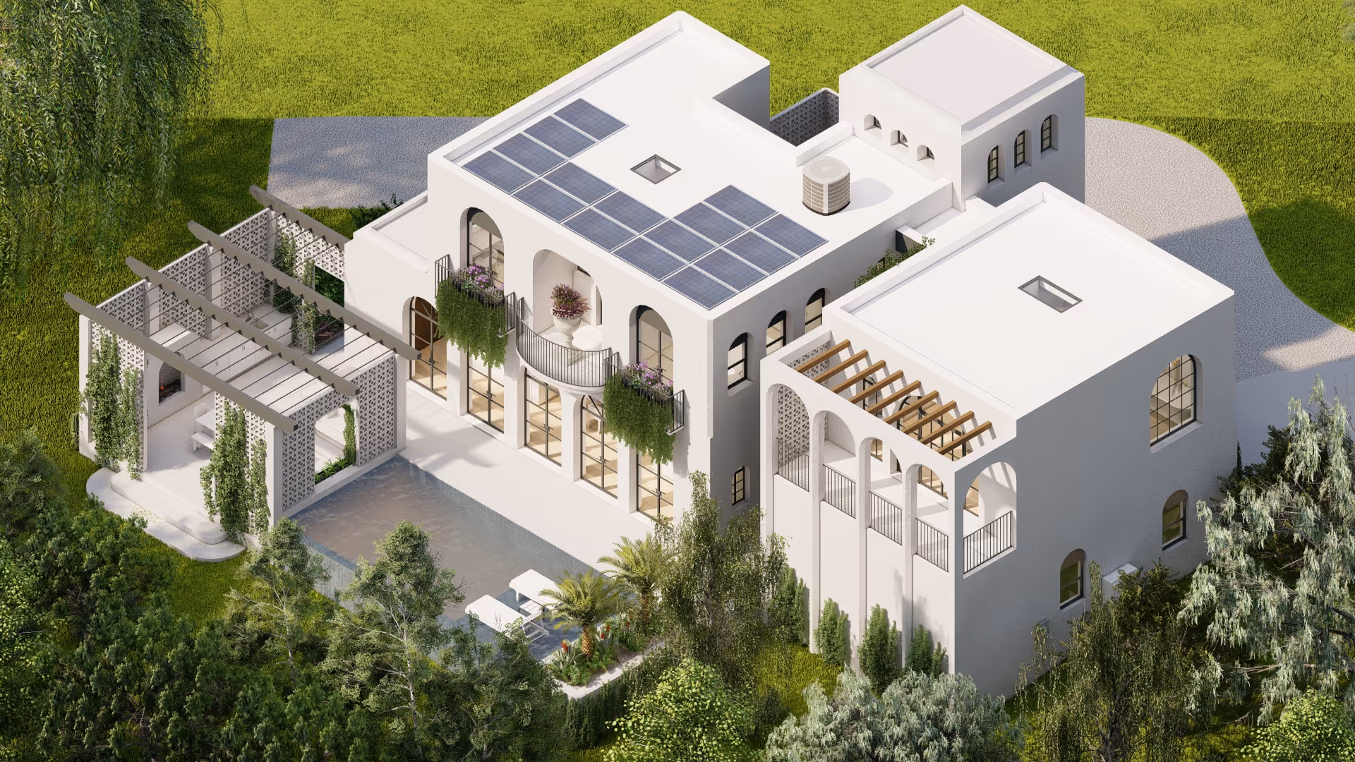 Modern two-story white villa with solar panels on the roof, surrounded by greenery and featuring balconies, a pool, and pergolas.