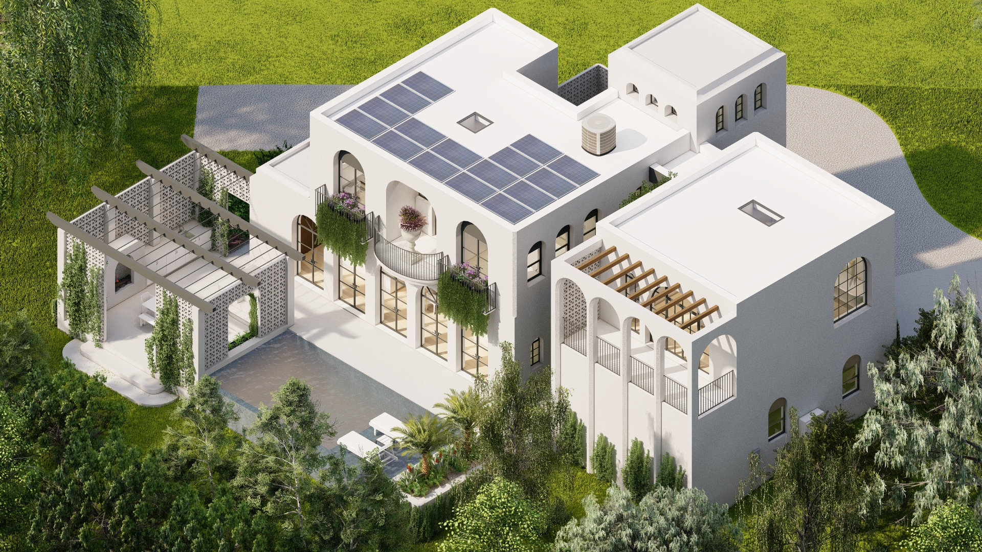 Modern two-story white villa with solar panels on the roof, surrounded by greenery and featuring balconies, a pool, and pergolas.