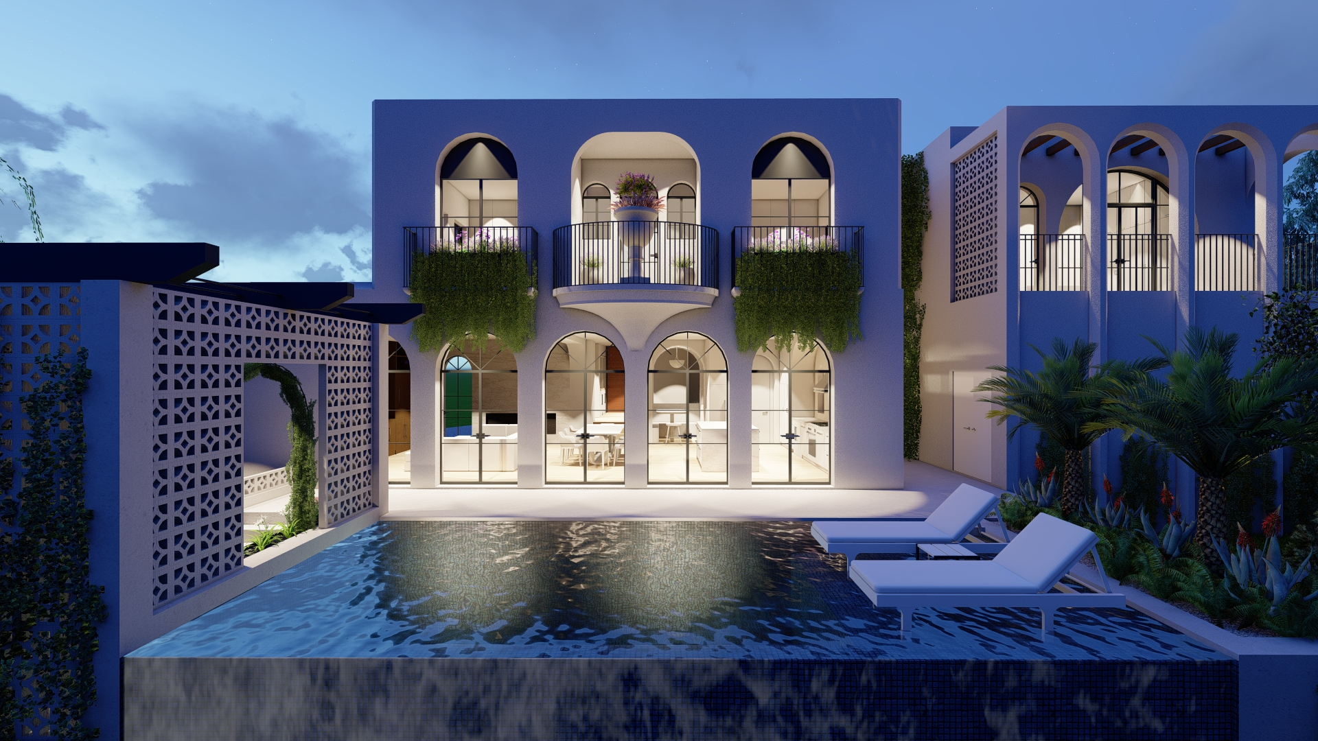 Modern white villa at dusk with arched windows, balconies with greenery, an infinity pool, and two lounge chairs.