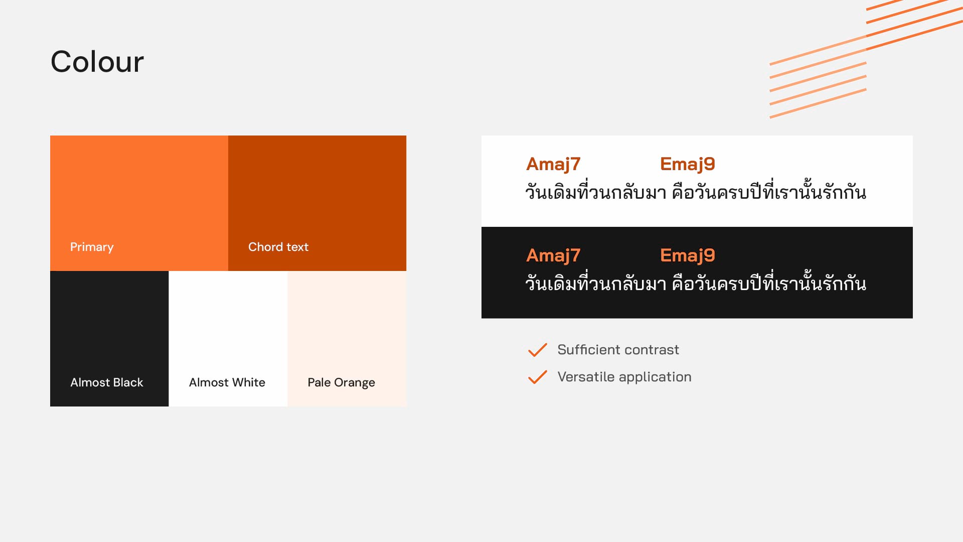Key colour scheme and chord text examples on different backgrounds.