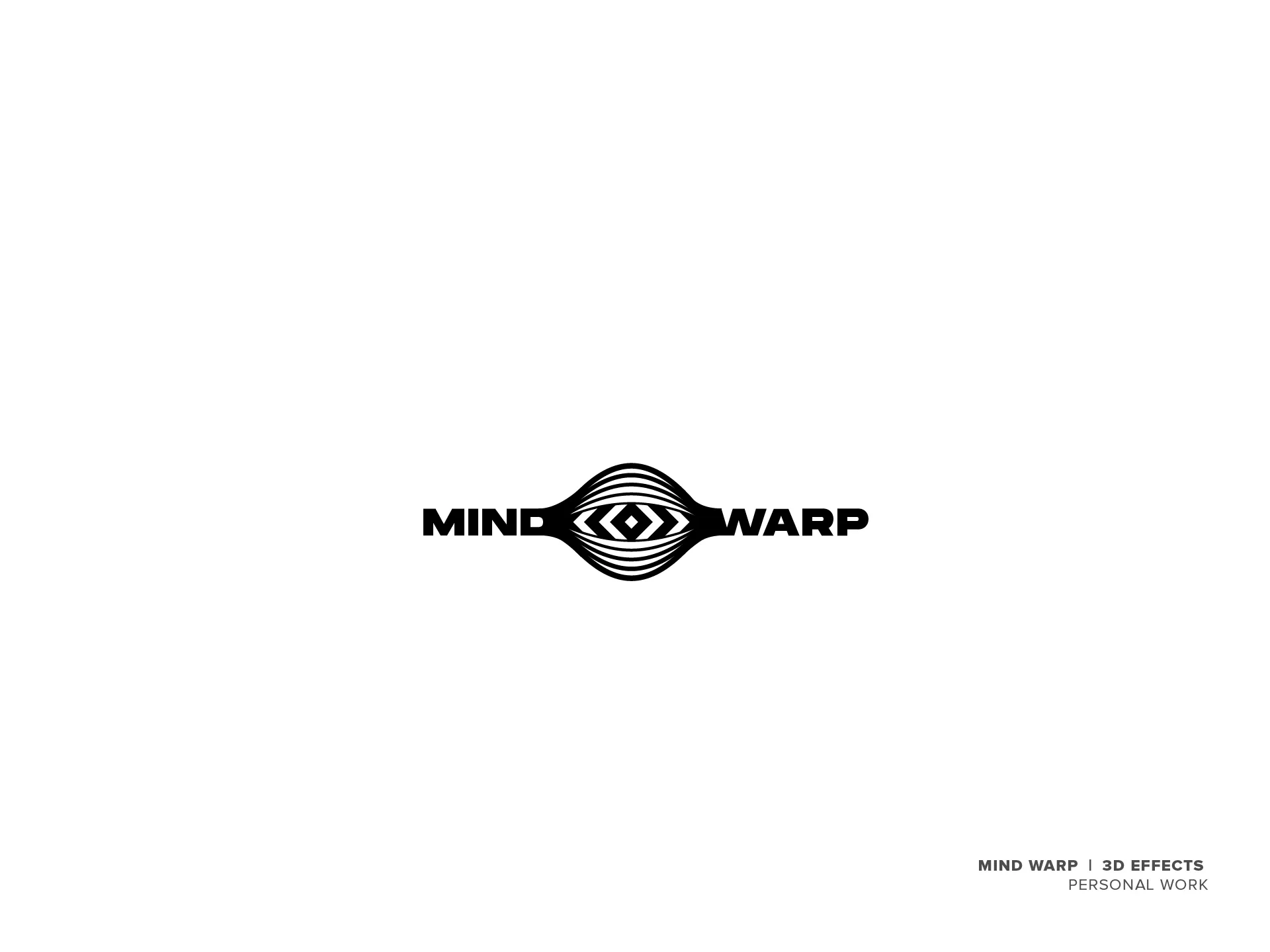 Black-and-white logo with the text 'MIND WARP' separated by an abstract eye-shaped design with concentric curved lines and diamond shapes inside.
