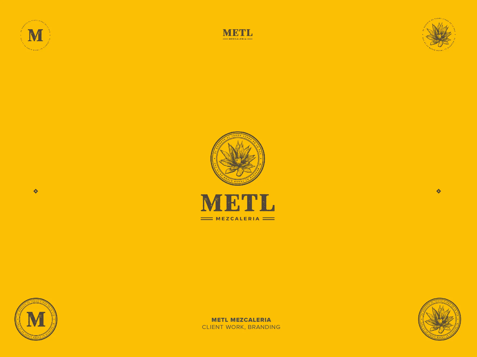 Yellow background featuring the METL Mezcaleria logo with agave plant illustrations and decorative circular emblems.
