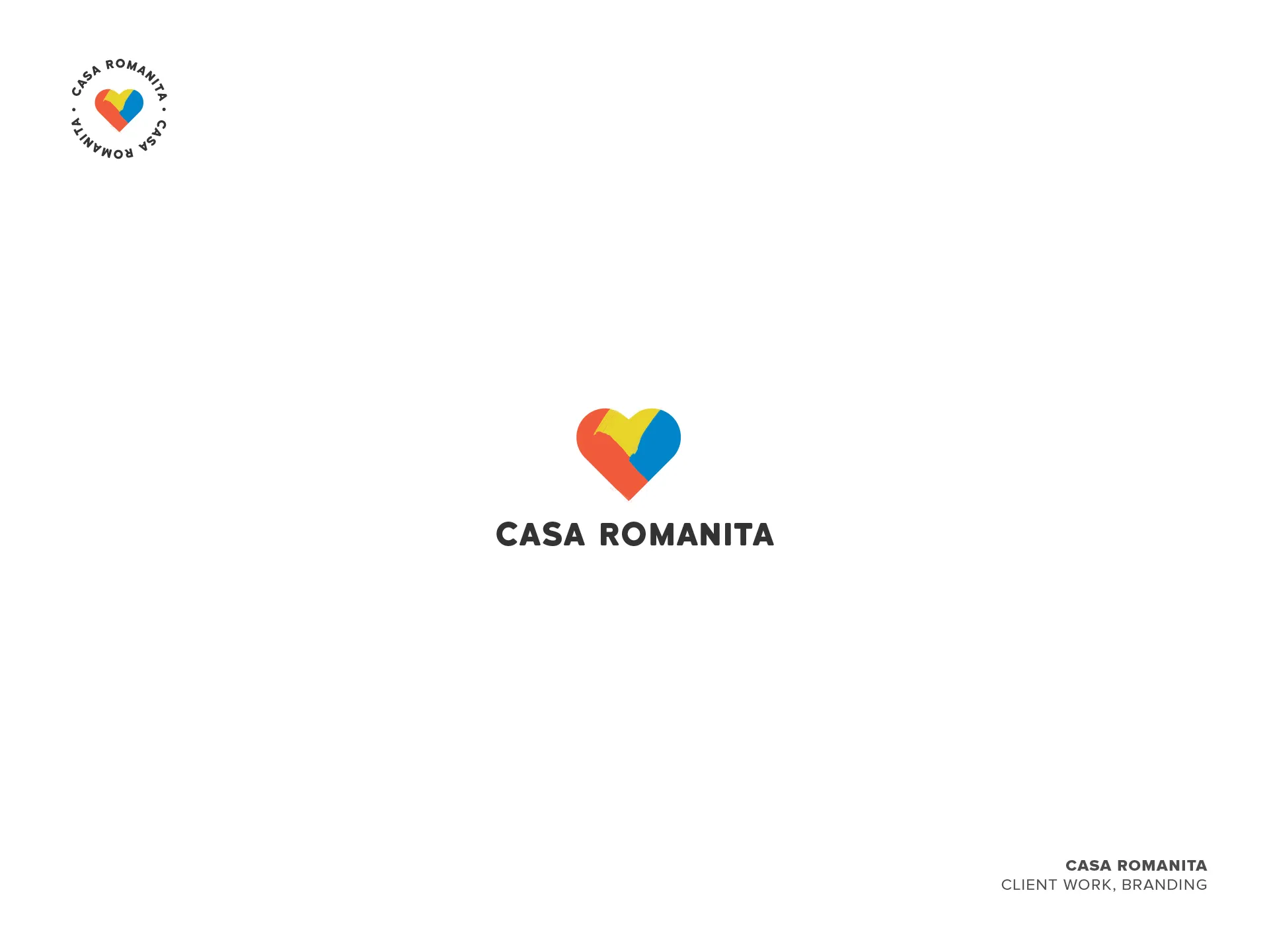 Logo with a heart shape divided into red, yellow, and blue sections above the text 'CASA ROMANITA'.