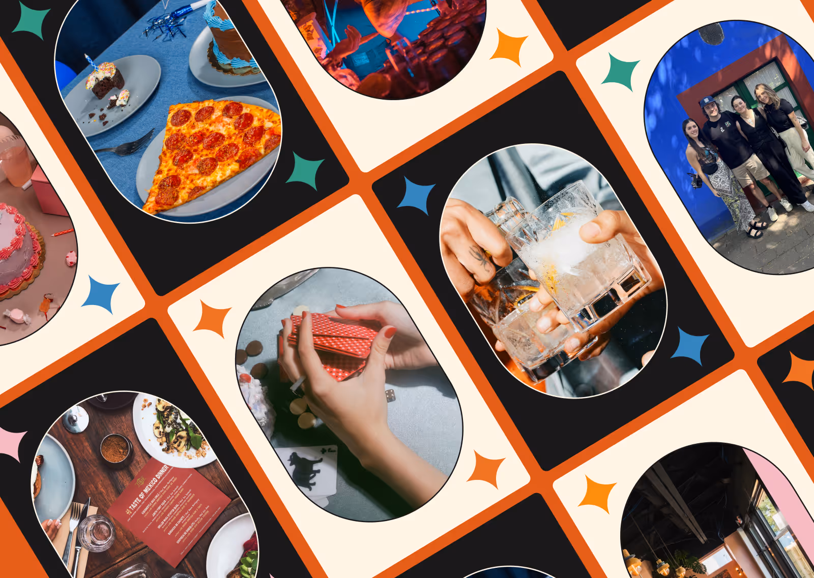 Collage of images showing people socializing, food including pizza and cake, drinks being poured, hands holding playing cards, and a group photo outdoors.