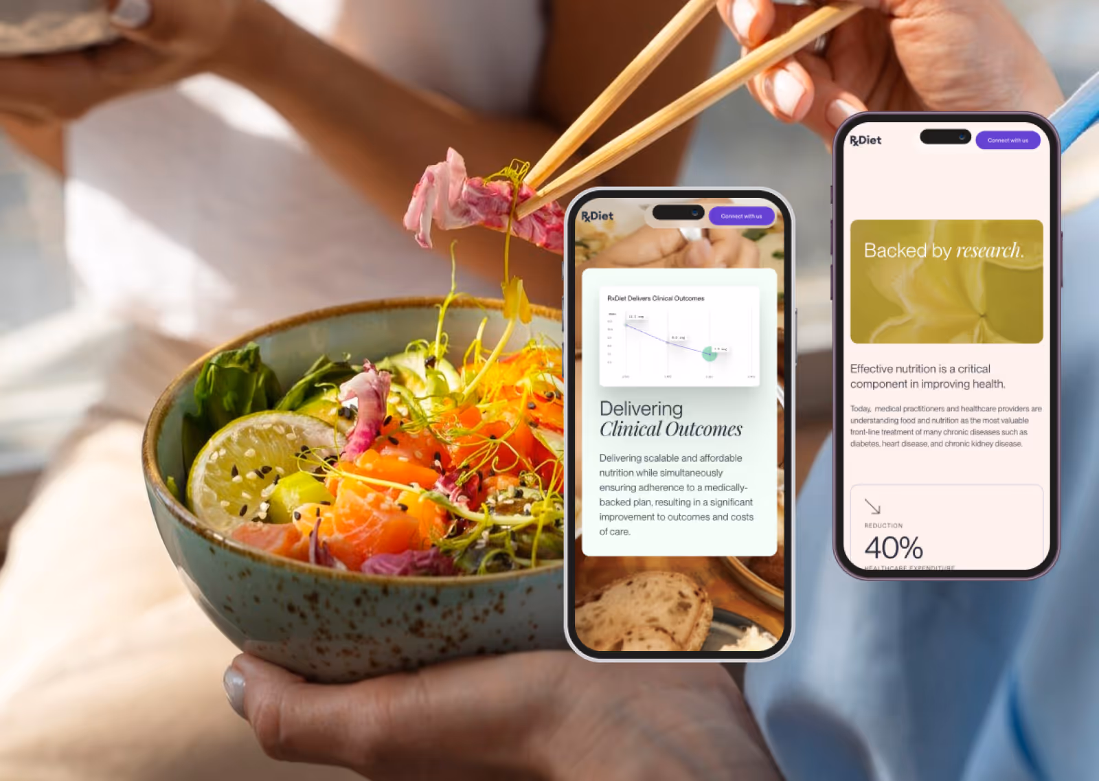 Close-up of a person holding a bowl of fresh salad with chopsticks picking up a piece of food, alongside two phones displaying nutrition-related information from RxDiet app.