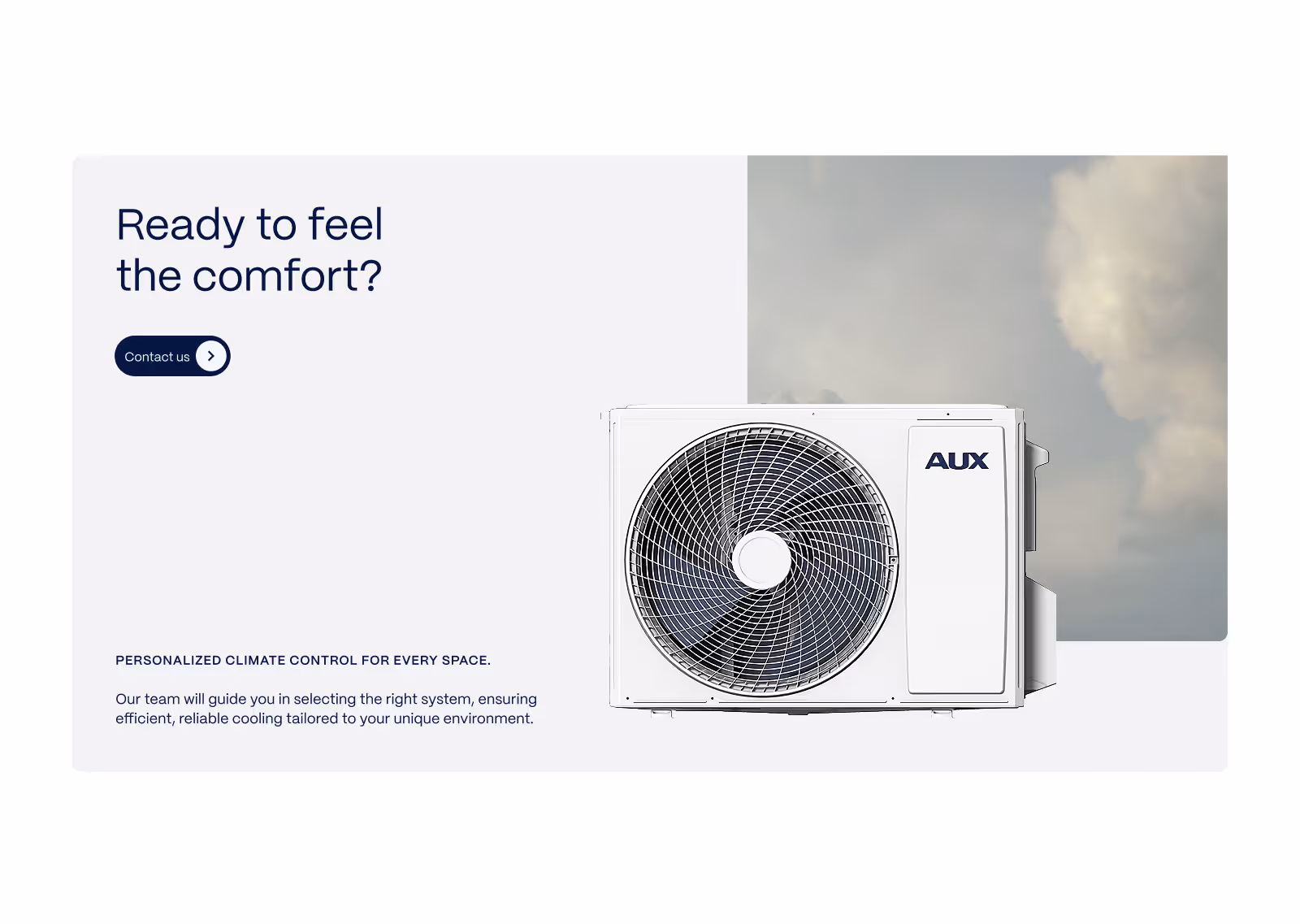 Outdoor AUX air conditioning unit with a large fan, next to promotional text about personalized climate control and a contact button.