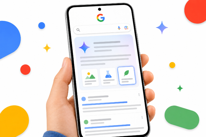 Smartphone mit einer Google-Suchergebnisseite und KI-Antworten. Die Darstellung veranschaulicht, wie AI Overviews Inhalte bündeln. Smartphone mit einer Google-Suchergebnisseite und KI-Antworten. Die Darstellung veranschaulicht, wie AI Overviews Inhalte bündeln.