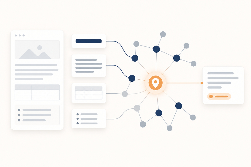 Illustration: Webseite, Textblöcke und vernetzte Entitäten zur Veranschaulichung von LLM-Optimierung. Illustration: Webseite, Textblöcke und vernetzte Entitäten zur Veranschaulichung von LLM-Optimierung.
