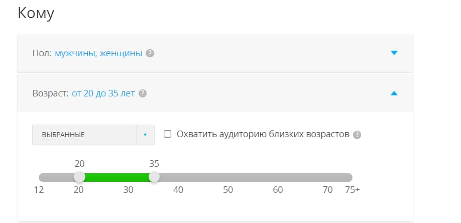  Выбор возраста и пола аудитории