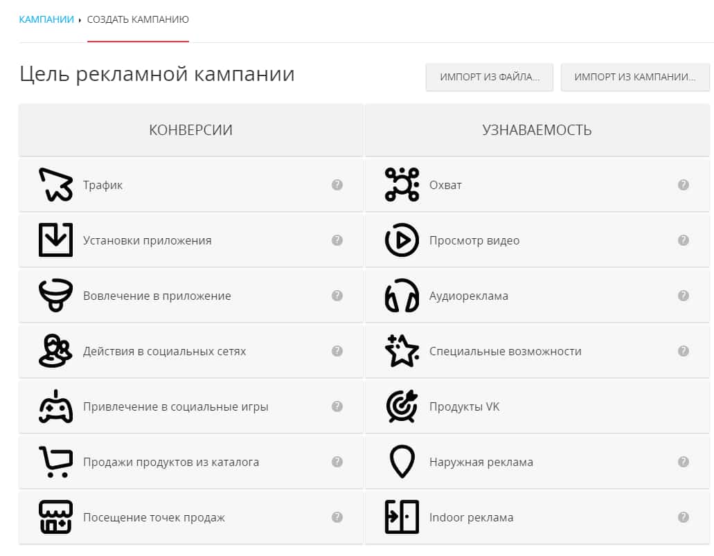 Список целей рекламной кампании