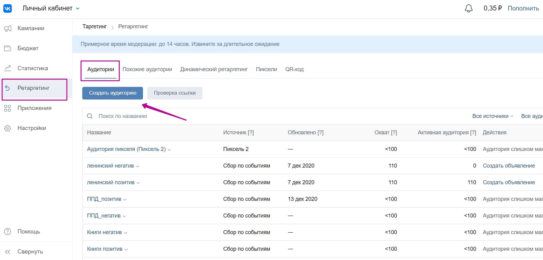 Настройки аудитории в вк