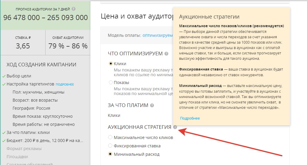 Всплывающая справка по аукционной стратегии