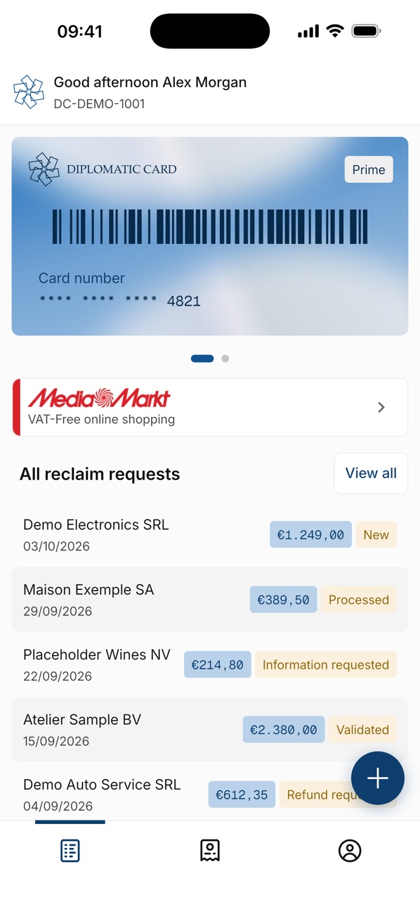 Diplomatic Card app: home screen with your digital card and reclaim requests
