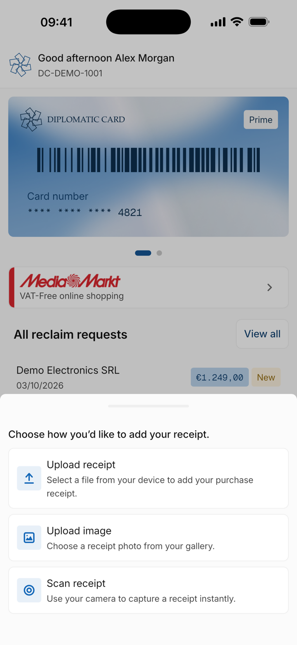 Diplomatic Card app: upload, photograph or scan a receipt
