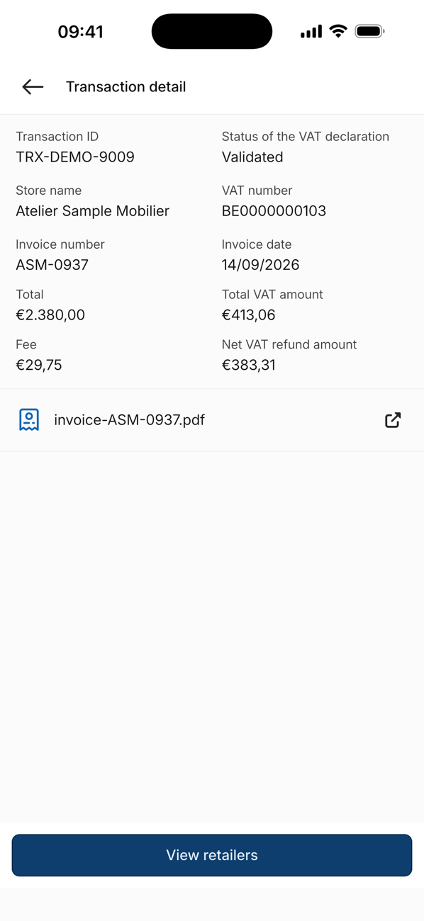 Diplomatic Card app: transaction detail with VAT amount, fee and net refund
