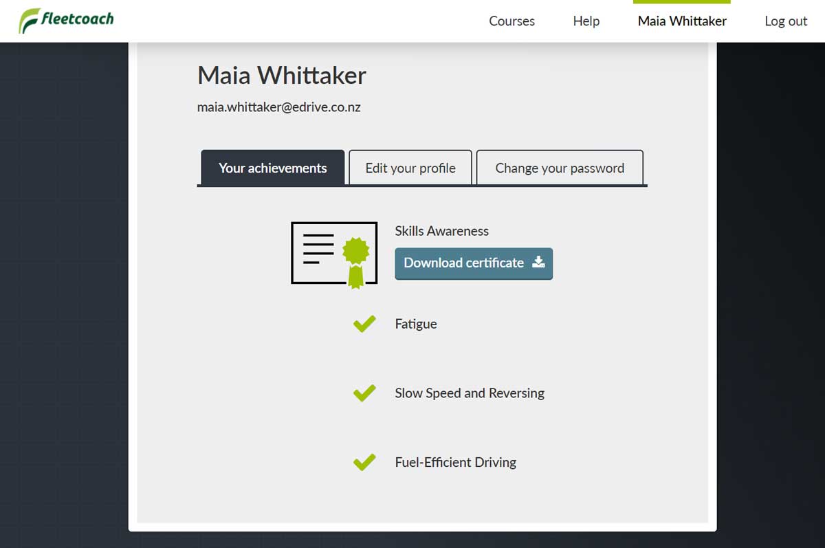 Fleetcoach user profile showing user having completed some courses