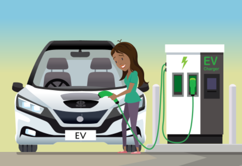 Happy electric vehicle driver charging at a EV station.