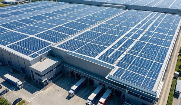 Large-scale solar cell installation on industrial roofs that allows the company to improve energy efficiency, utilize energy storage, and reduce its energy costs.