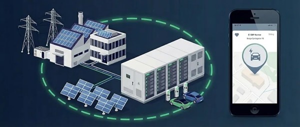 System diagram with solar cells and battery container showing integrated energy storage for buildings, linked to a mobile app for monitoring.