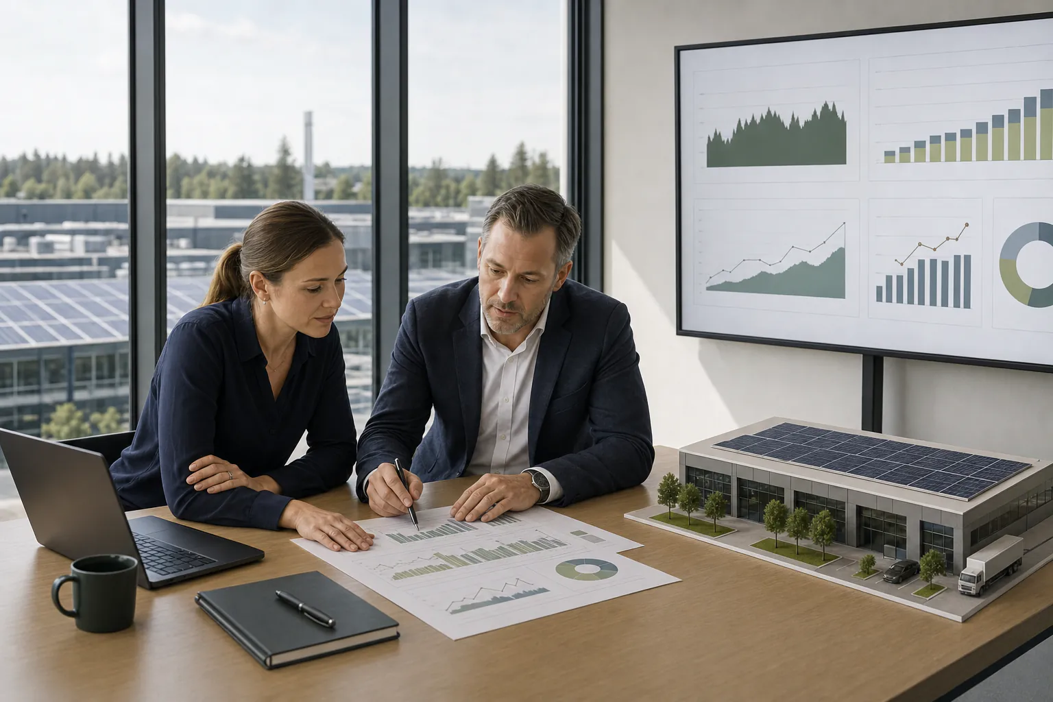 Two people are reviewing energy data and a model of a commercial property equipped with solar panels in preparation for an investment decision.