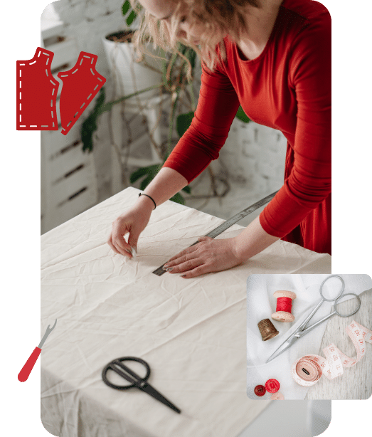 A woman wearing a red dress learning drafting, sewing, cutting and finishing on muslin fabric during TaF.tc's Basic Drafting and Sewing class.