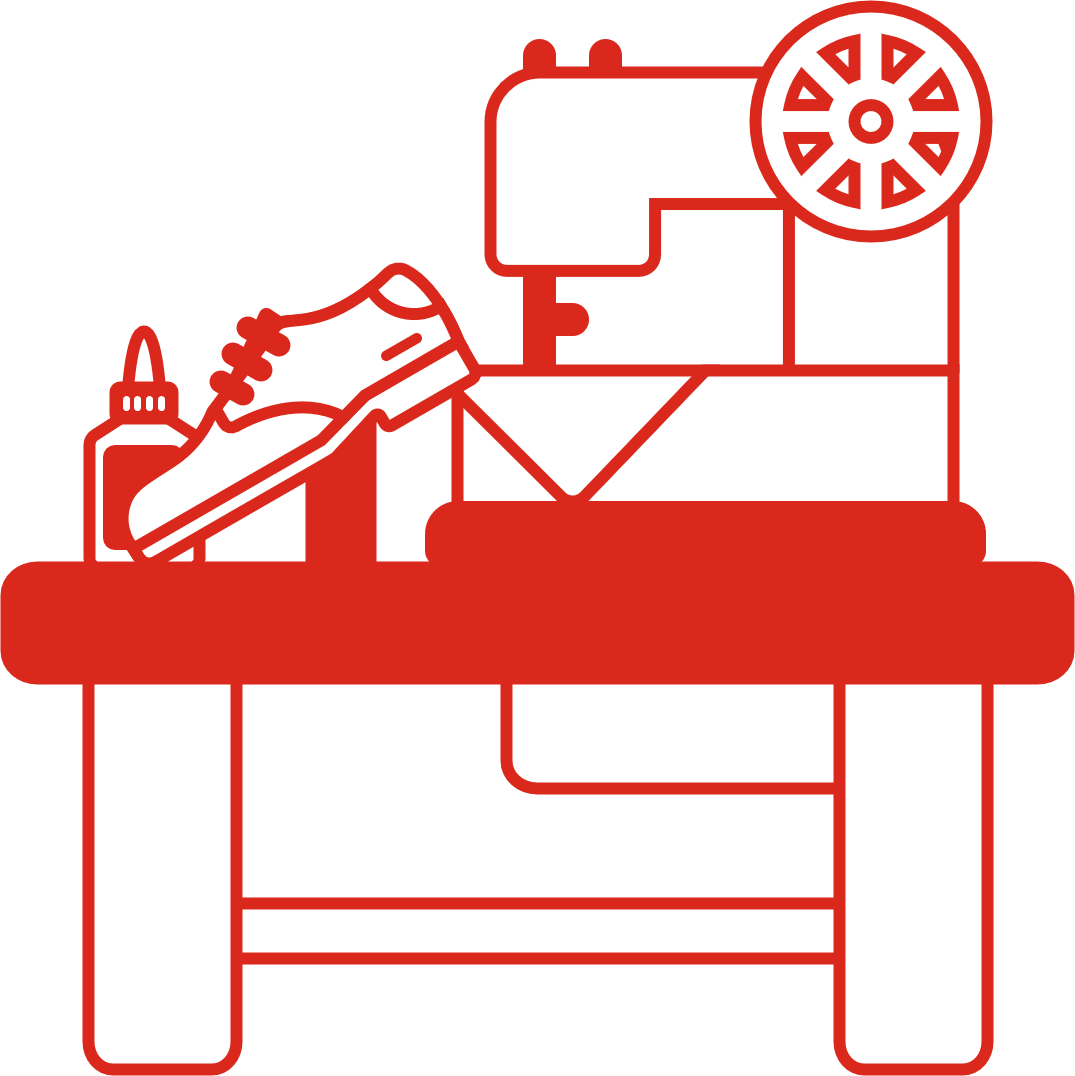 An illustration of a sneaker broken down and shoe making tools