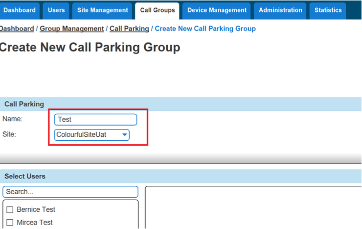 Create New Call Park Group