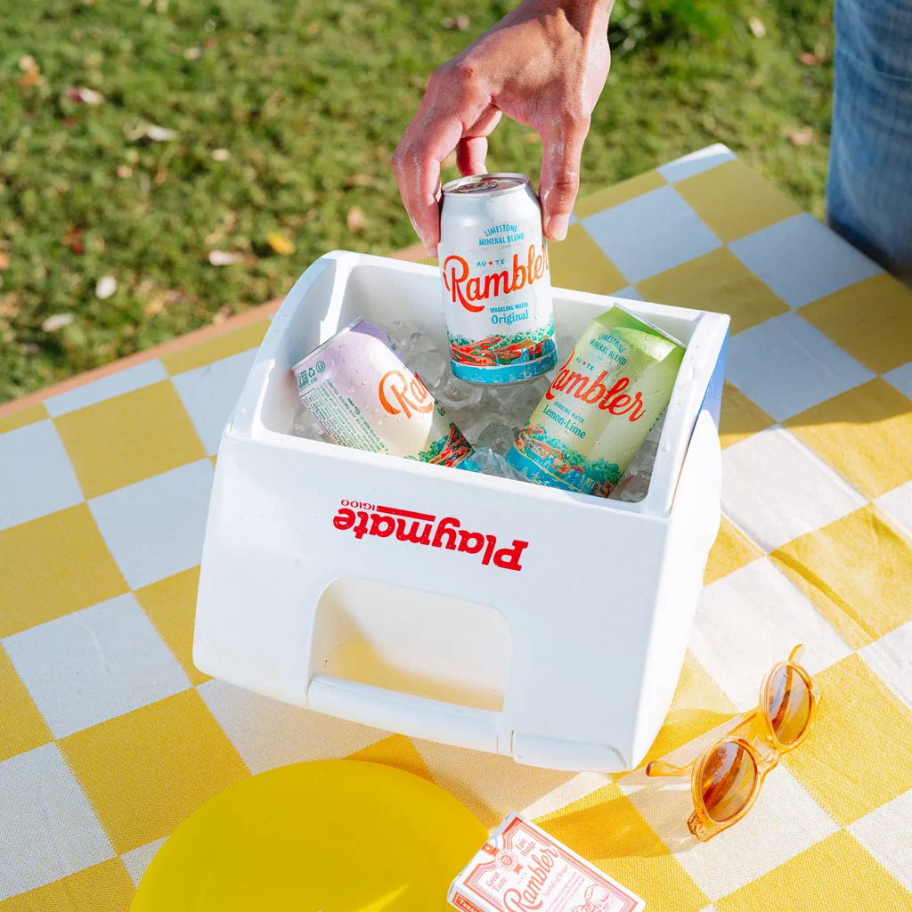 Rambler Sparkling Water flavors in an ice chest at a picnic
