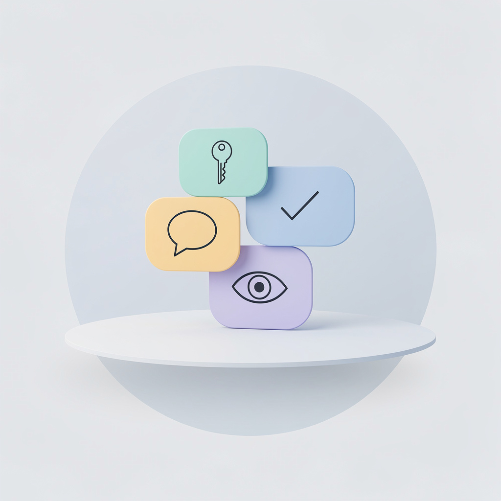 Four rounded role badges showing a key, a tick, a speech bubble and an eye, stacked on a pale circular platform
