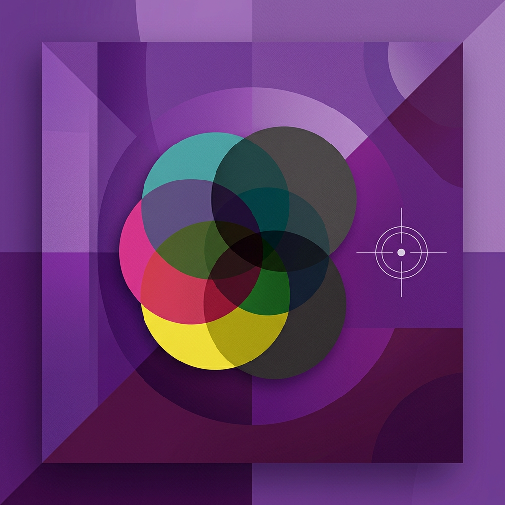 Overlapping translucent teal, magenta, yellow and black circles with a registration crosshair on a purple geometric background