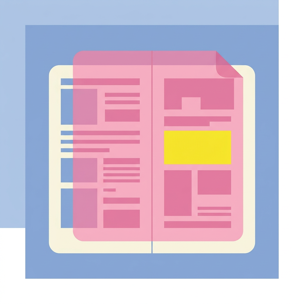 A cream page layout overlaid by a translucent pink copy, with one yellow block highlighting the difference, on a blue background