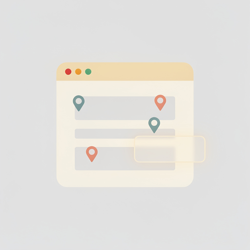 A simple browser window with teal and coral comment pins and a soft highlighted box, on a pale grey background