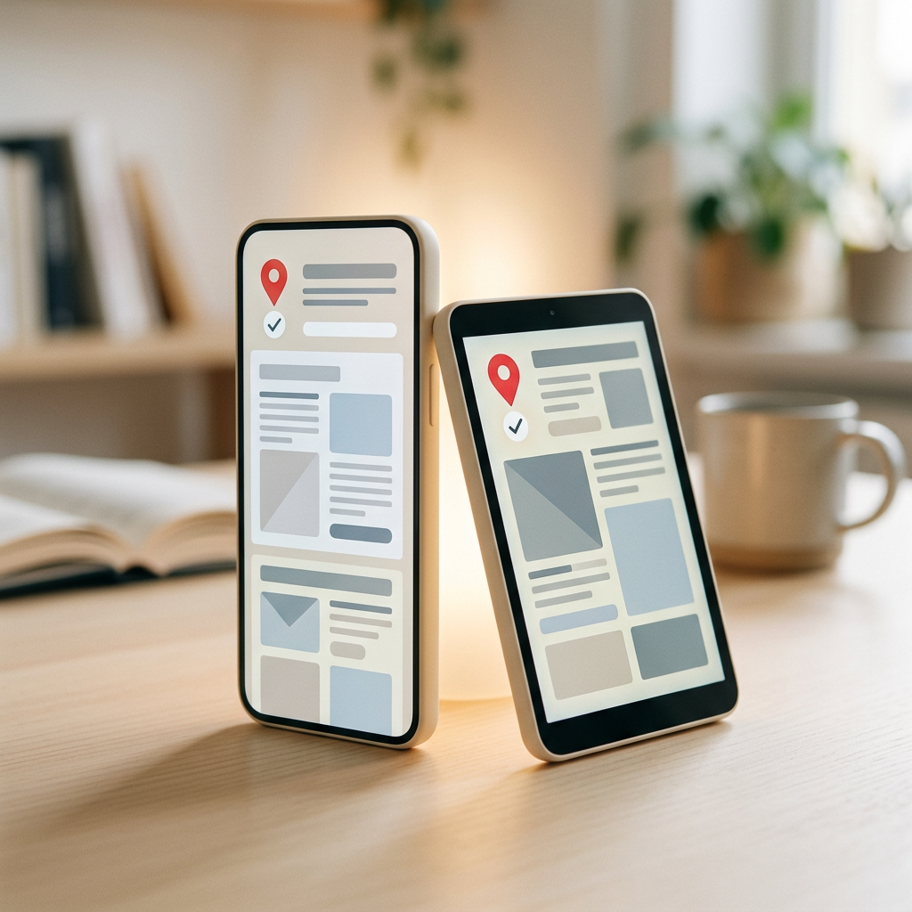 A phone and a tablet leaning together on a wooden desk, both showing a page with a comment pin and a tick