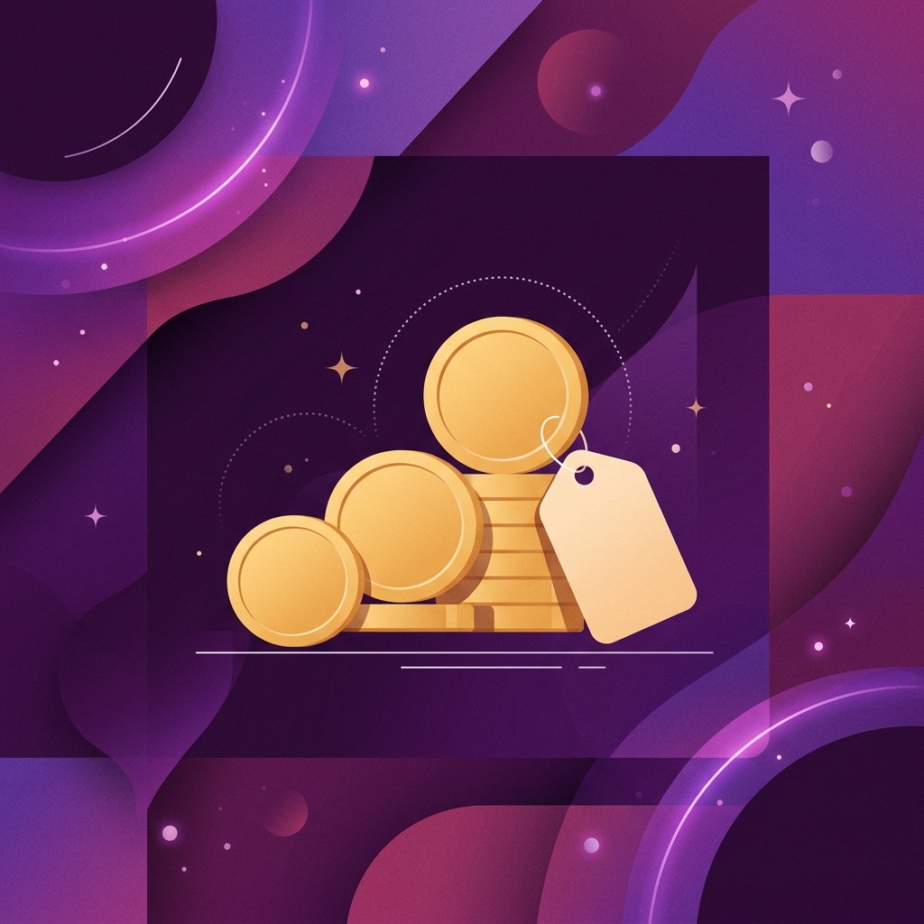 A stack of blank gold coins with a plain price tag on a purple abstract background