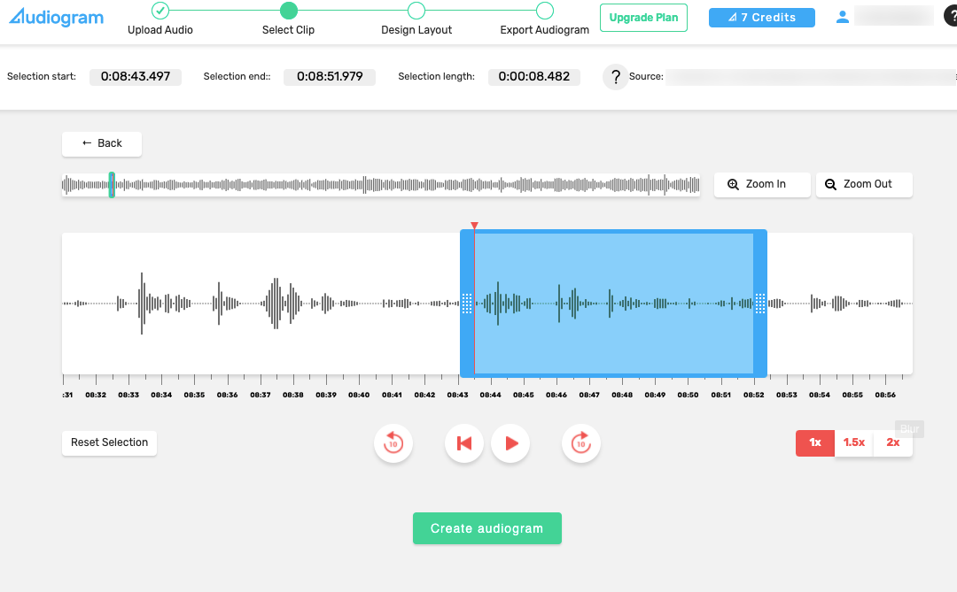 Selecting what part of an audio file you want to convert into an audiogram.