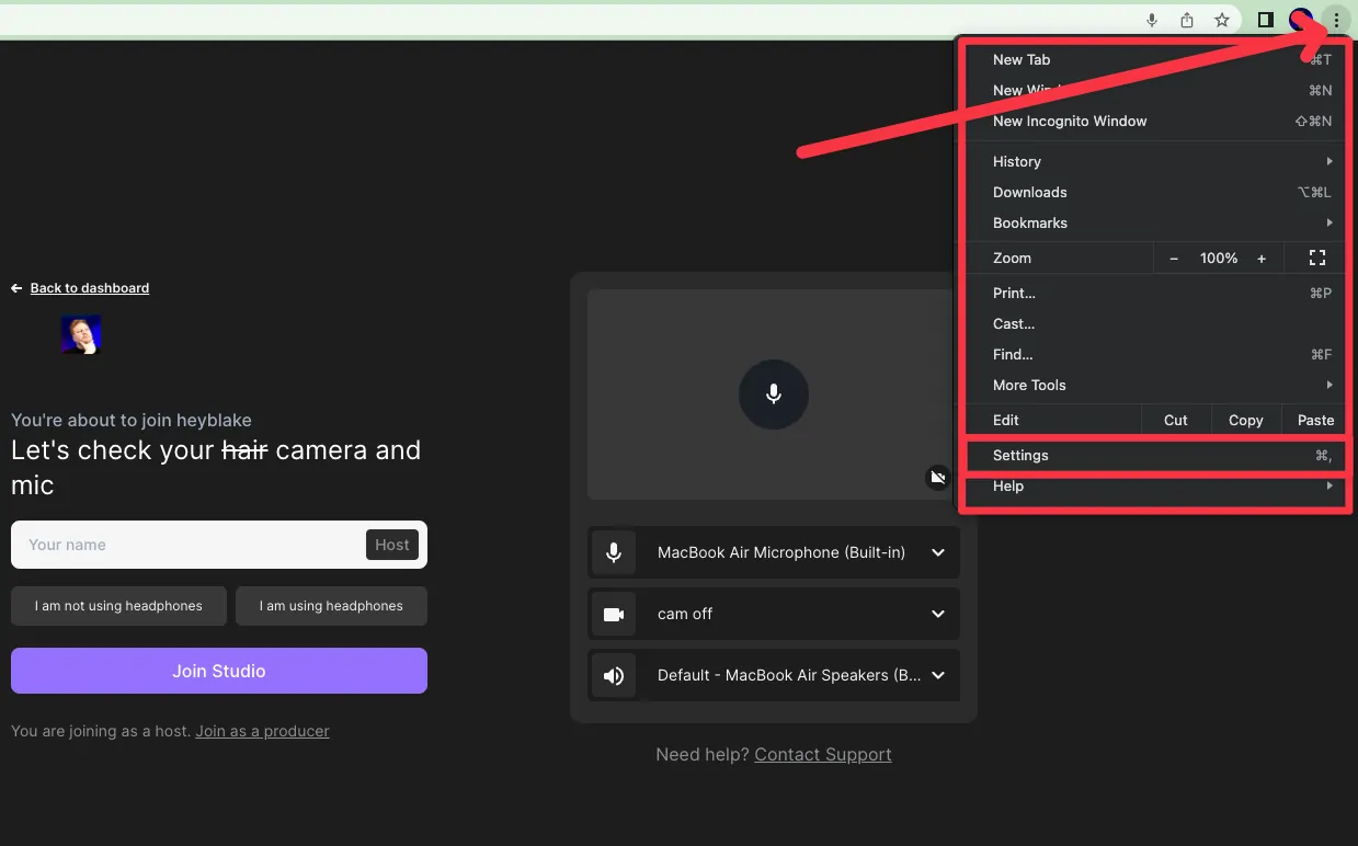 Going to Chrome Settings to fix continuity camera